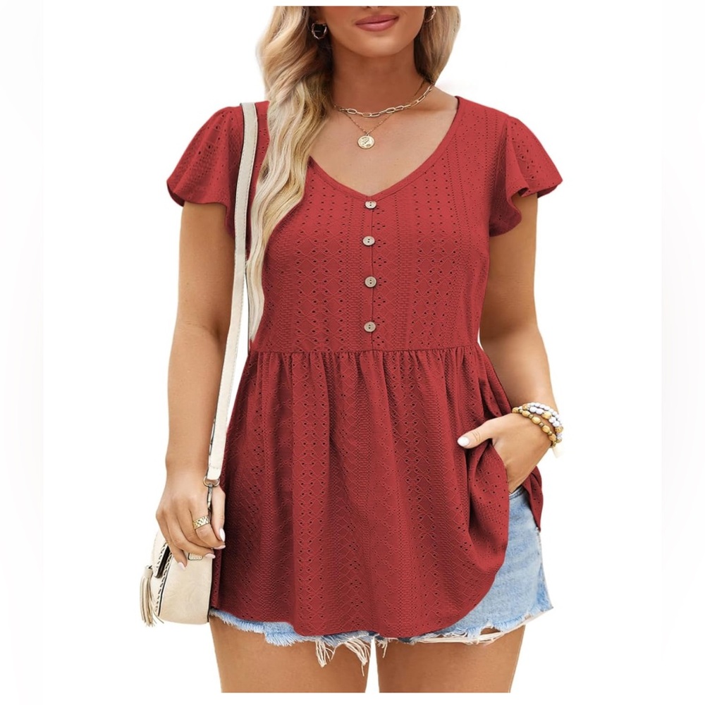 Plus Size Red Petal Sleeve Top